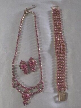 Vintage Pink Rhinestone Necklace, Bracelet & Earrings Jewelry Set